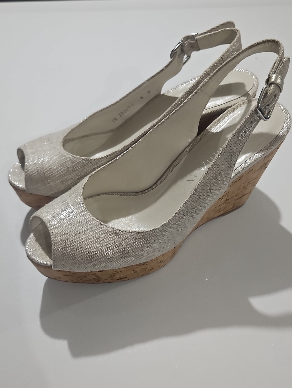 Stuart Weitzman Linen & SilverPeep-Toe Slingback Kork Wedge Sandals Sz 8